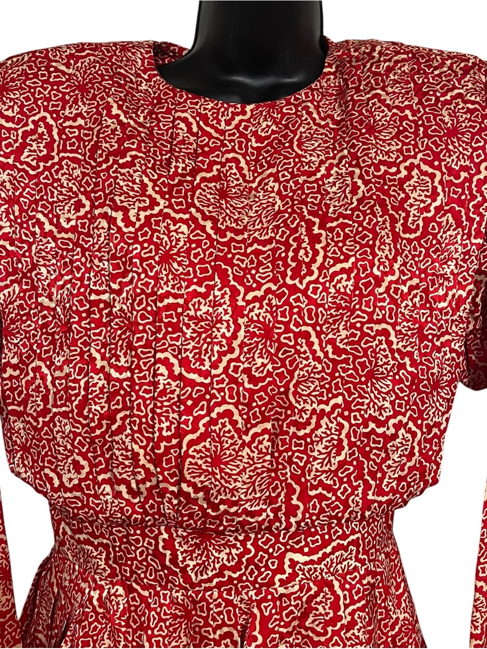 Vintage Raul Blanco Silk Dress Red Cream Print Size 8 Pleated Bodice Long Sleeve